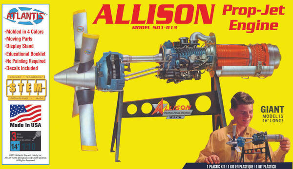 ALLISON MODEL 501-D13 PROP JET ENGINE - MOLDED IN FOUR COLORS, MOVING PARTS, DISPLAY STAND - EDUCATI