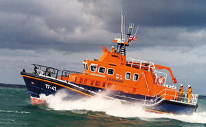 SEVERN CLASS LIFEBOAT ROYAL NAVY. BRITISH RESCUE SEVICE w CRANE AND SMALL BOATS, EXTEIOR DETAIL AND 
